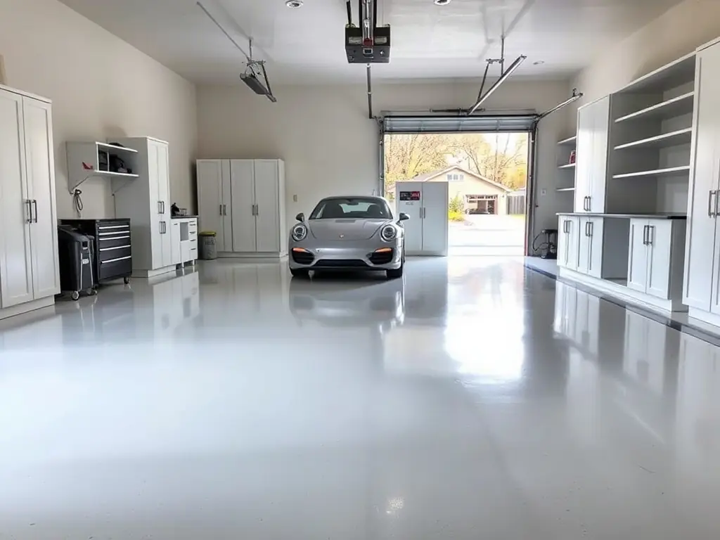 A modern residential garage with a glossy, high-gloss epoxy floor, showing a clean, organized space with parked cars and storage cabinets, ideal for showcasing the benefits of garage epoxy flooring in Akron homes.