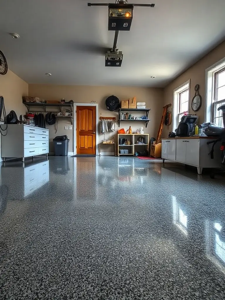 A pristine, high-gloss epoxy garage floor in a modern residential garage, reflecting overhead lighting and showcasing a clean, organized space.
