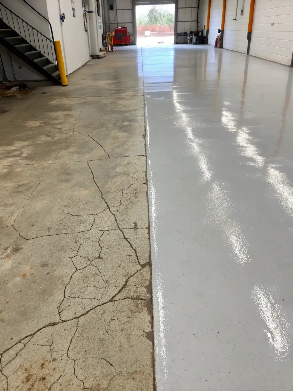 A before-and-after split image showing a dull, cracked concrete floor transformed into a vibrant, polished epoxy surface in a home setting.